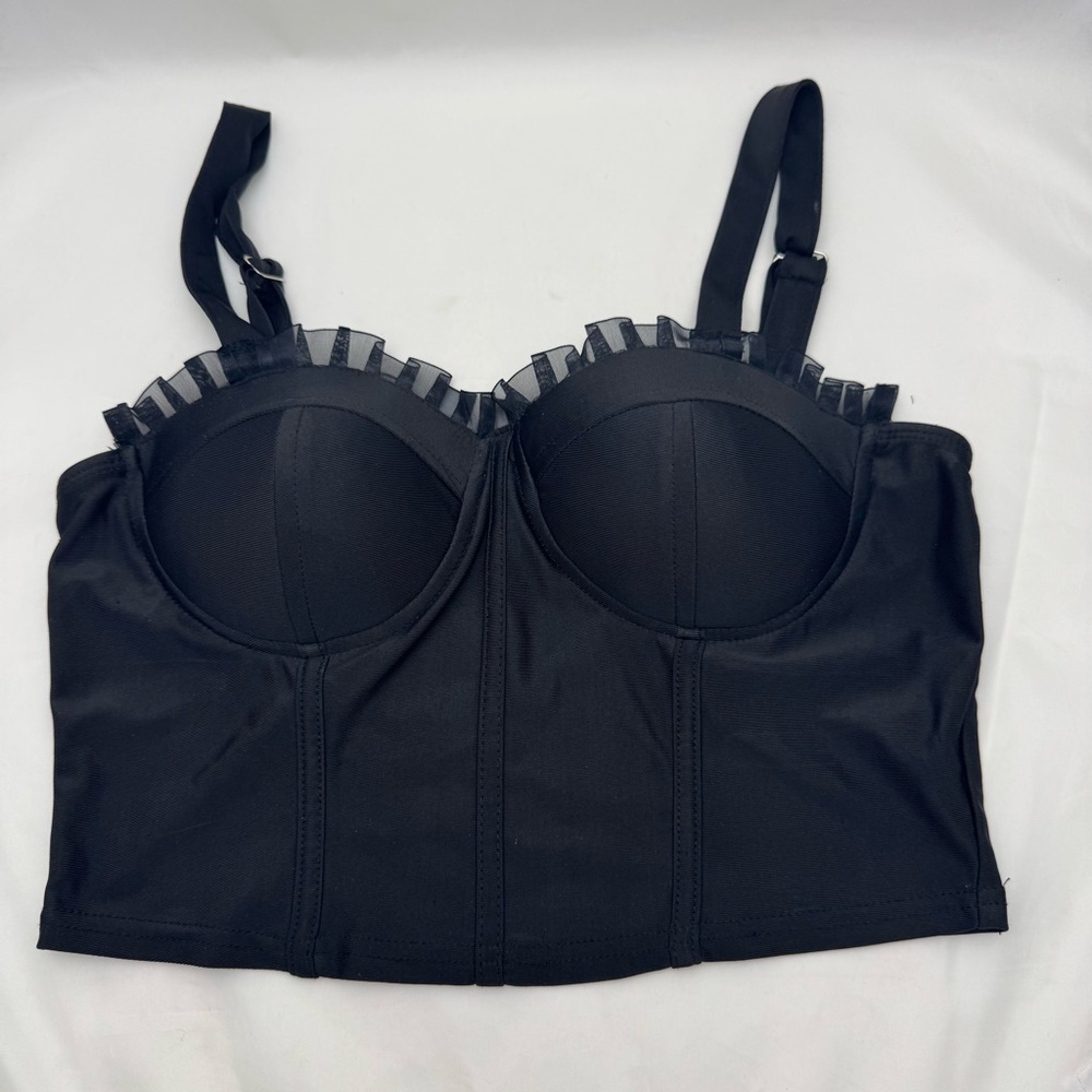 Black Ruffle Trim Longline Padded Bustier Top Sz M Black Romance Haute Monde